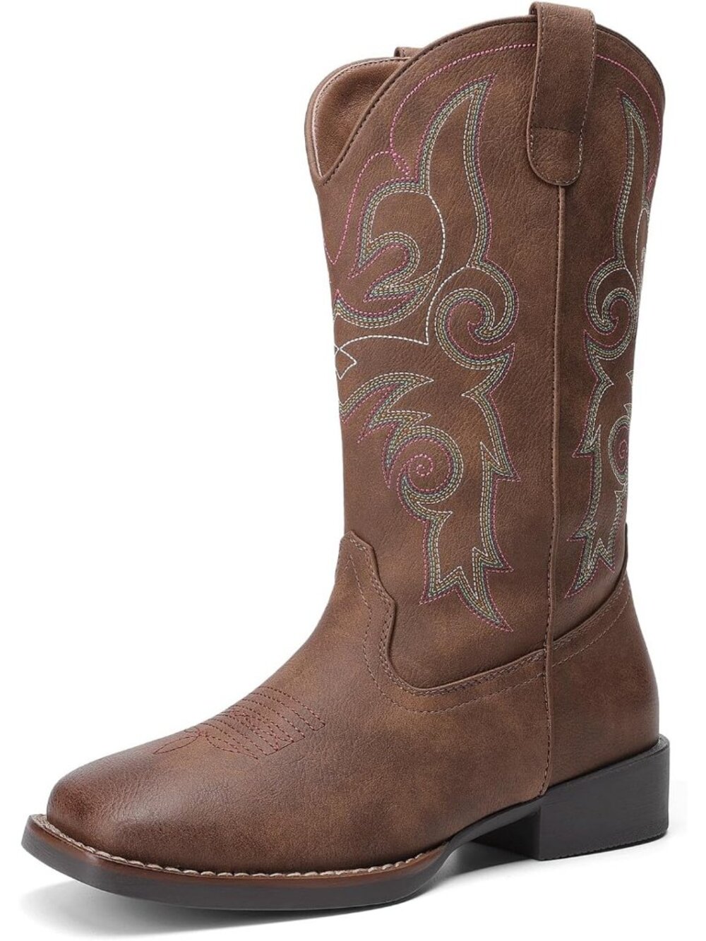 Women's Dark Brown Leather Embroidered Western Cowgirl Boots Square Toe Mid Calf